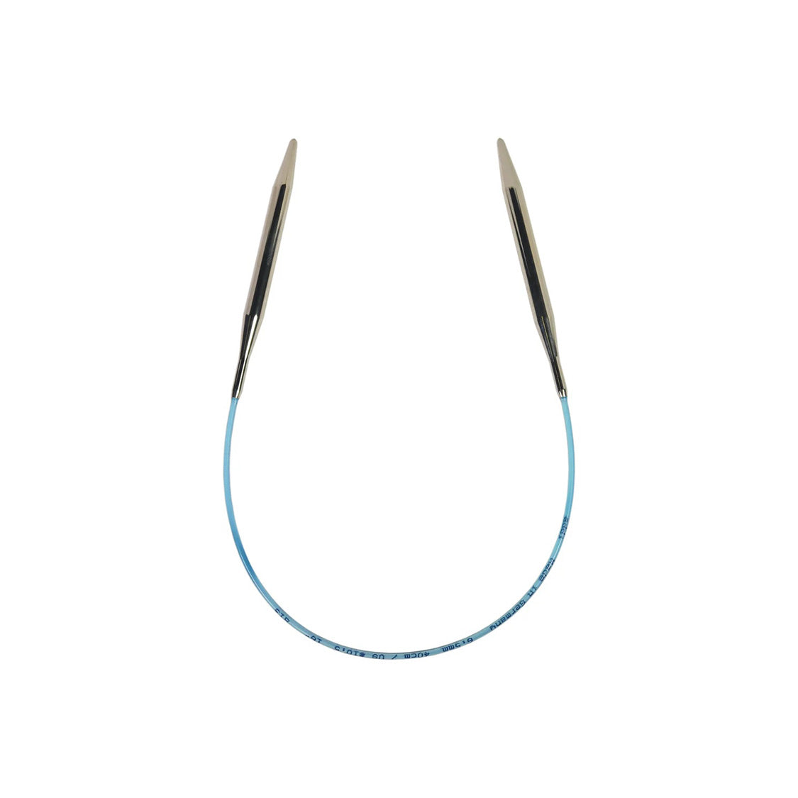 Pair of circular knitting needles with blue cable on a white background