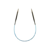 Pair of circular knitting needles with blue cable on a white background