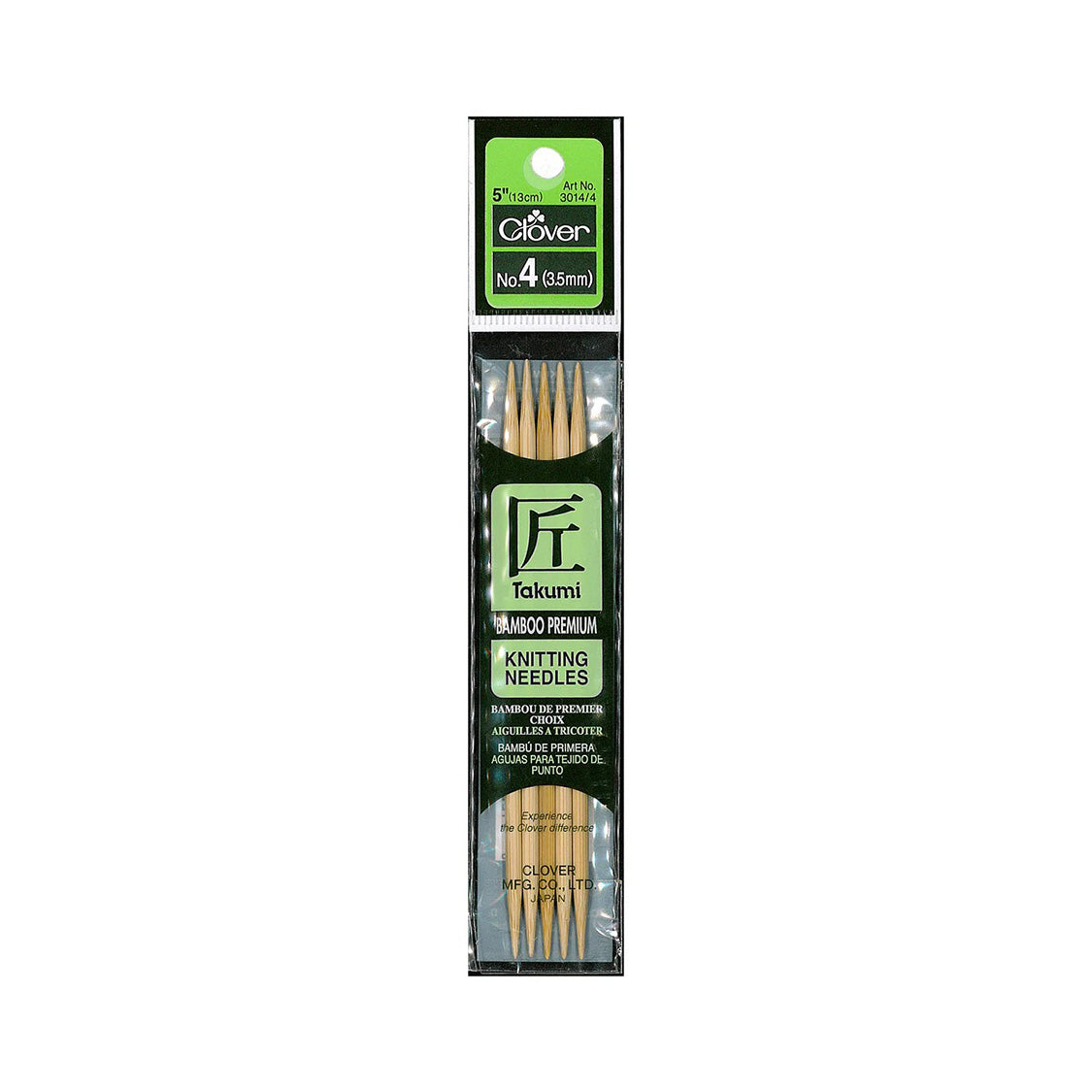 Pack of Takumi bamboo premium knitting needles with Clover branding on a white background