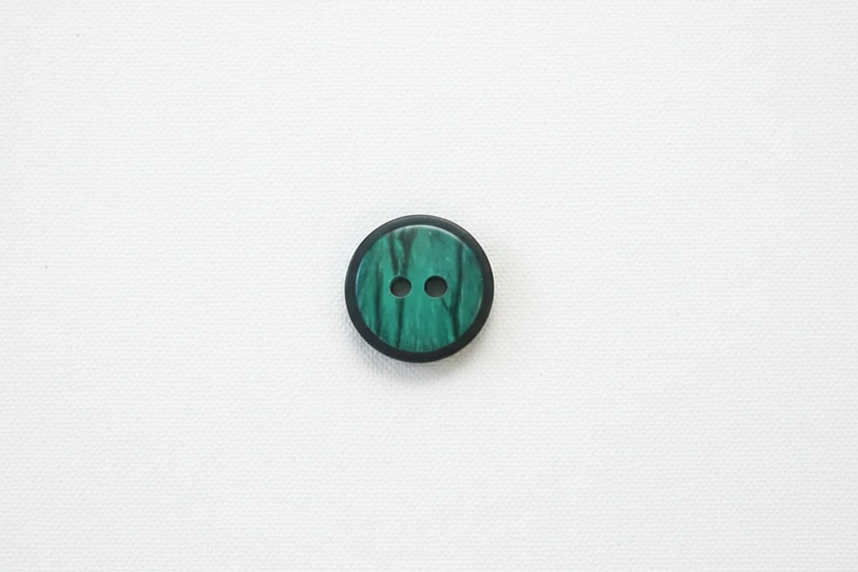 Green button with two holes on a white background