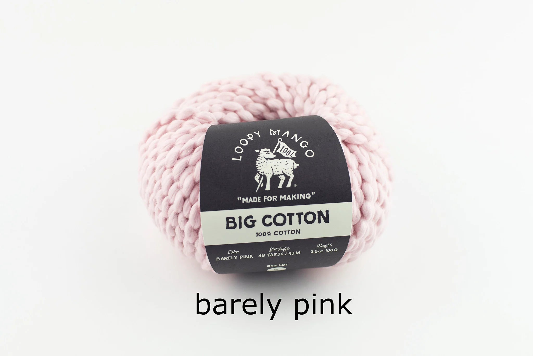 Ball of light pink yarn with a loopy mango label on a white background