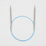Pair of metal knitting needles with a blue circular cable on a white background