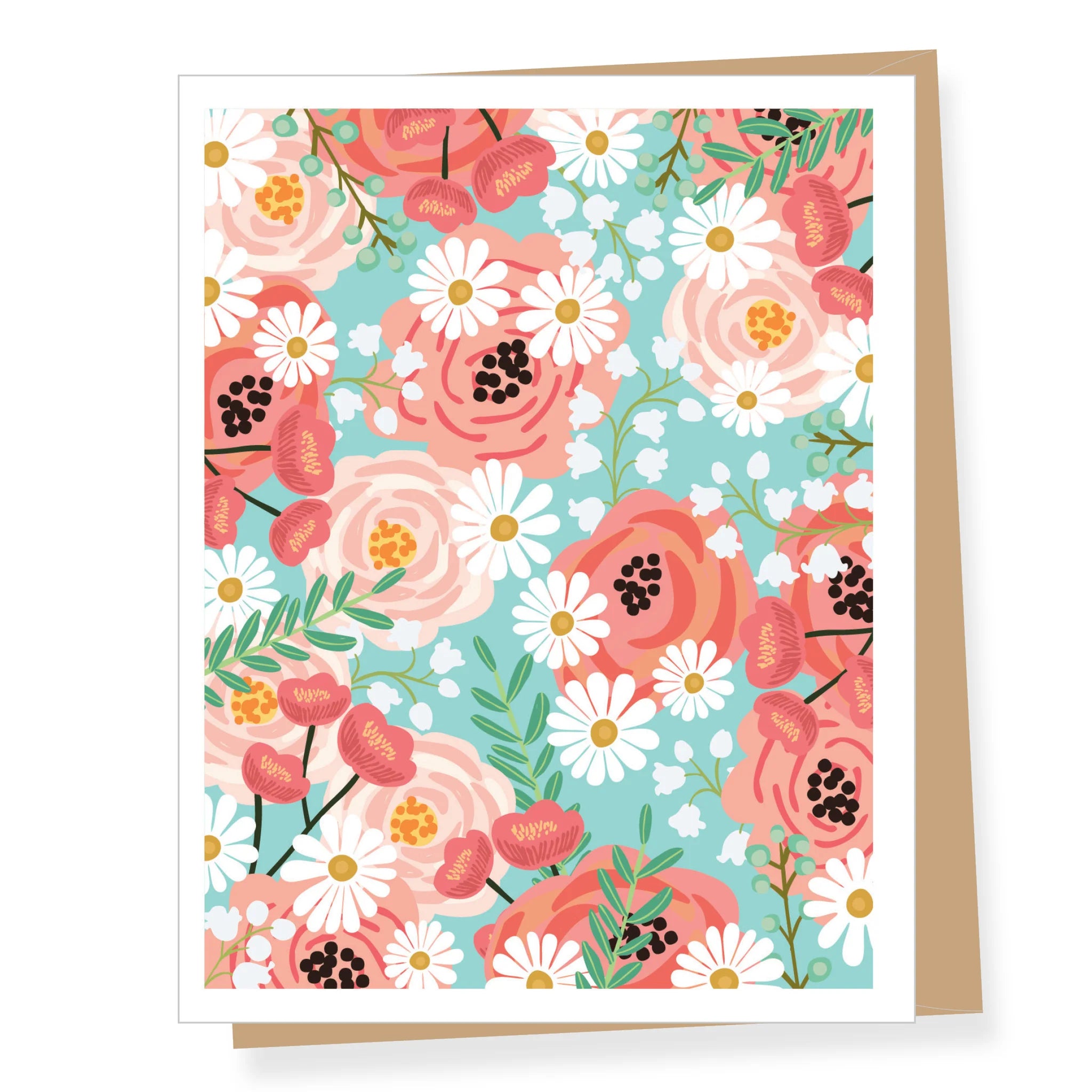 Floral patterned card with pink flowers and white daisies on a blue background