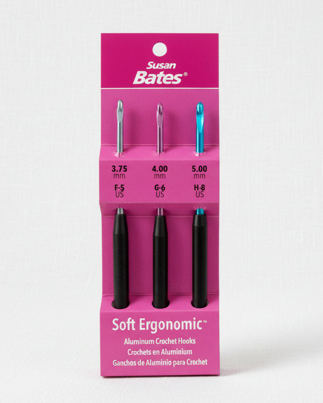 Susan Bates Soft Ergonomic crochet hooks in a pink packaging on a white background