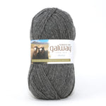 Gray skein of worsted weight yarn with a Galway label on a white background
