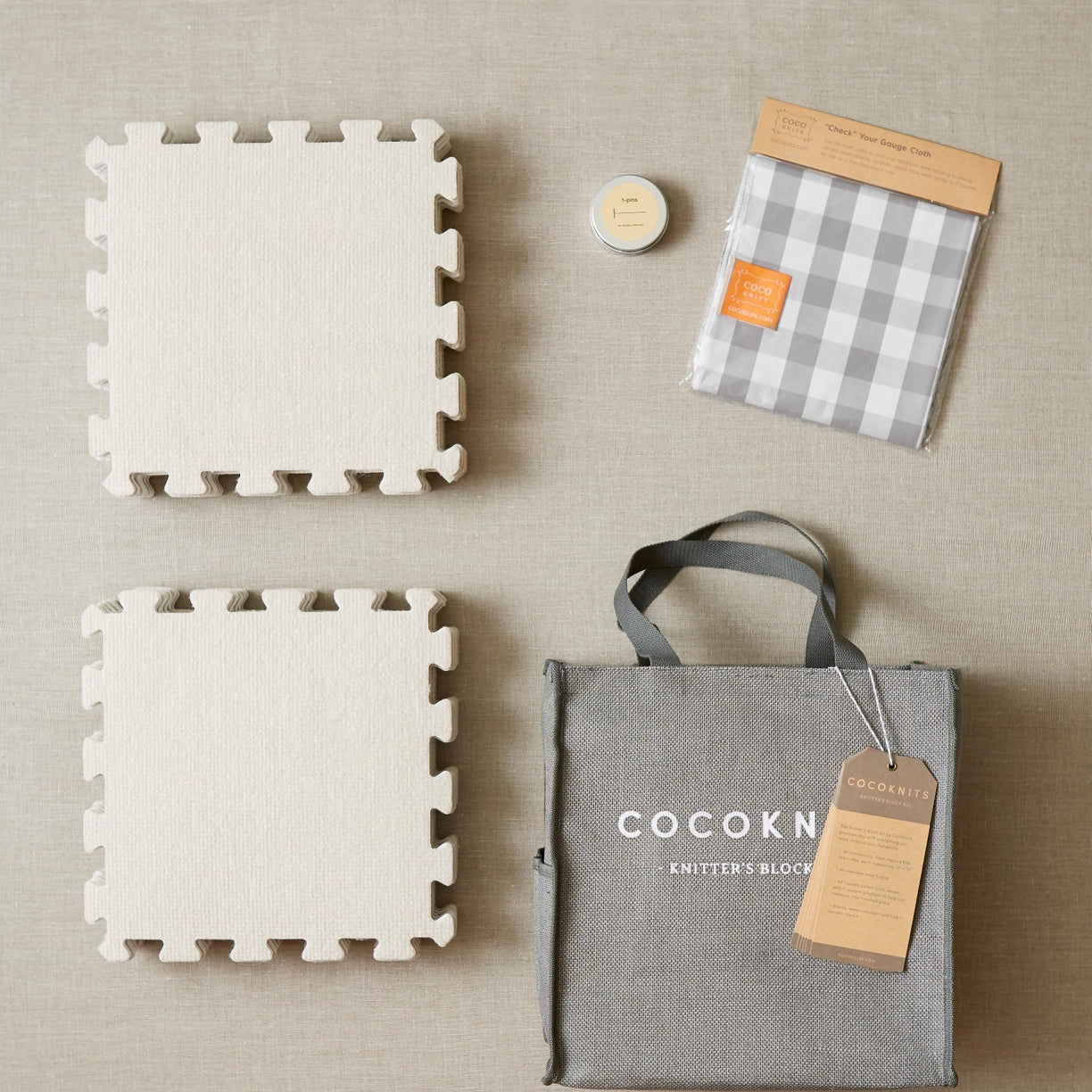 Cocoknits blocking squares, t-pins, and check your gauge cloth