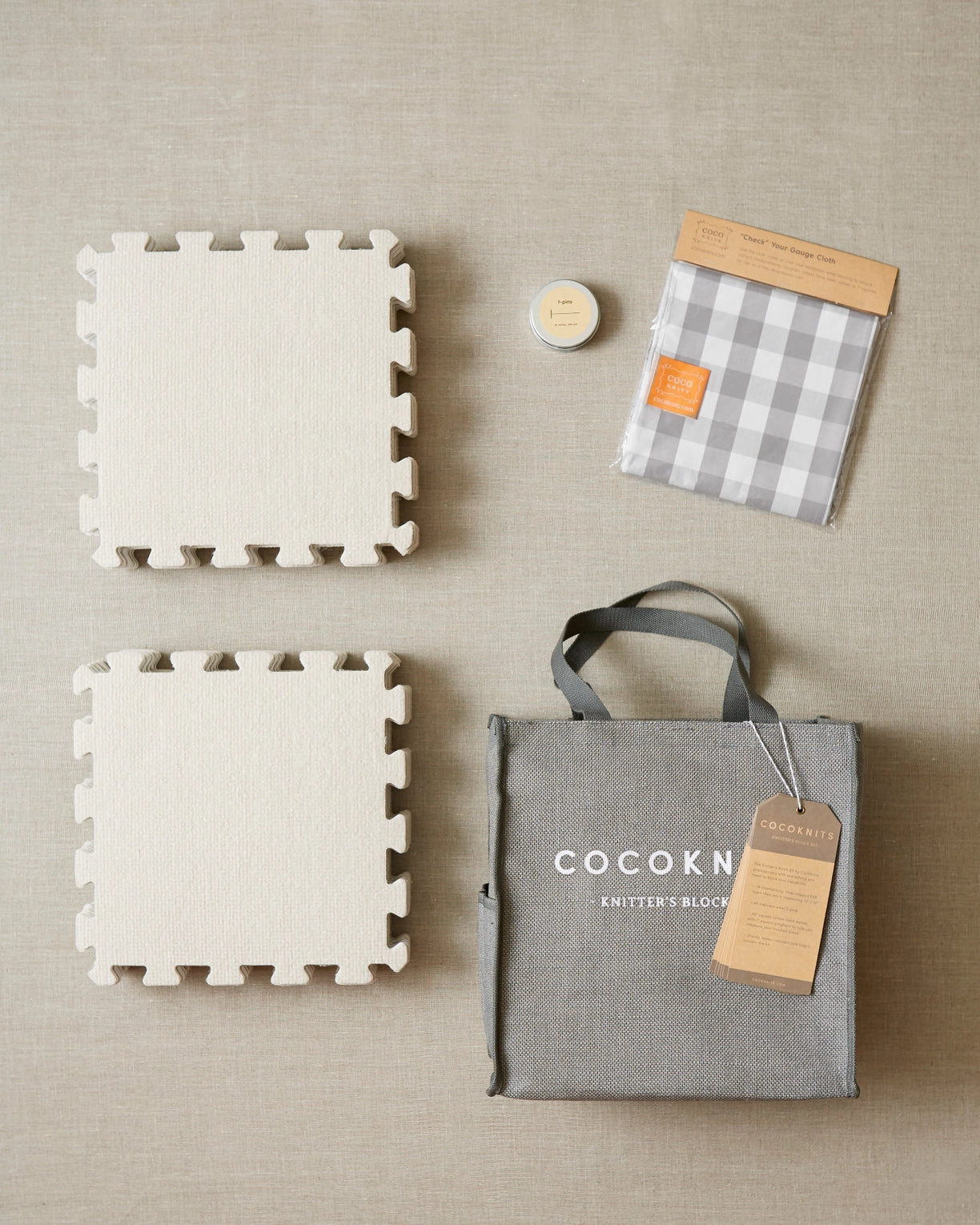 Cocoknits blocking squares, t-pins, and check your gauge cloth