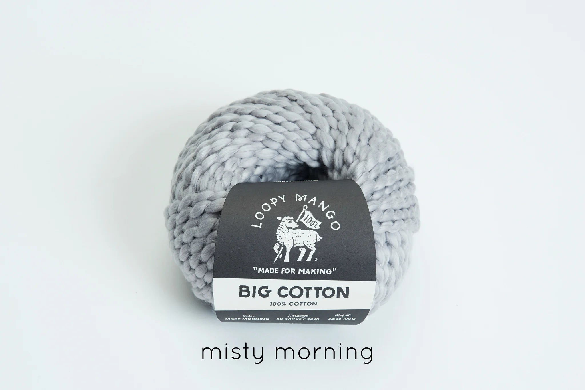 Ball of light grey yarn with Loopy Mango label on a white background