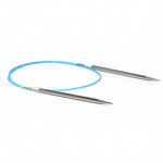 Pair of metal knitting needles with a blue circular needle on a white background