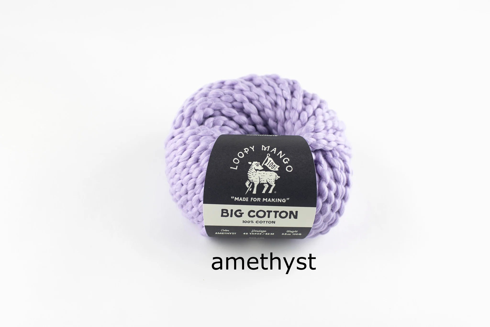Light purple yarn ball with Loopy Mango label on a white background