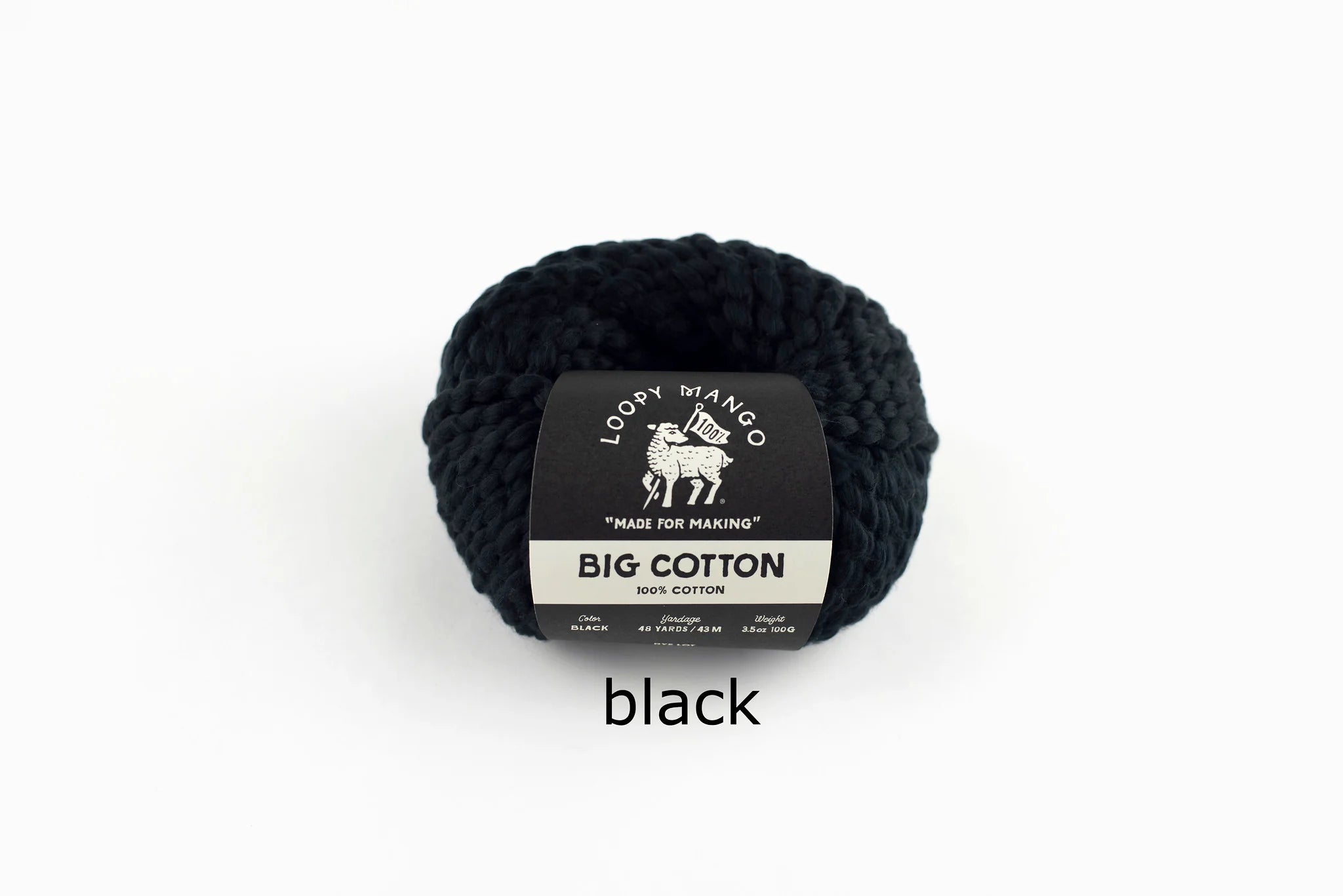 Black yarn ball with a loopy mango label on a white background