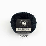 Black yarn ball with a loopy mango label on a white background