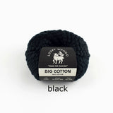 Black yarn ball with a loopy mango label on a white background