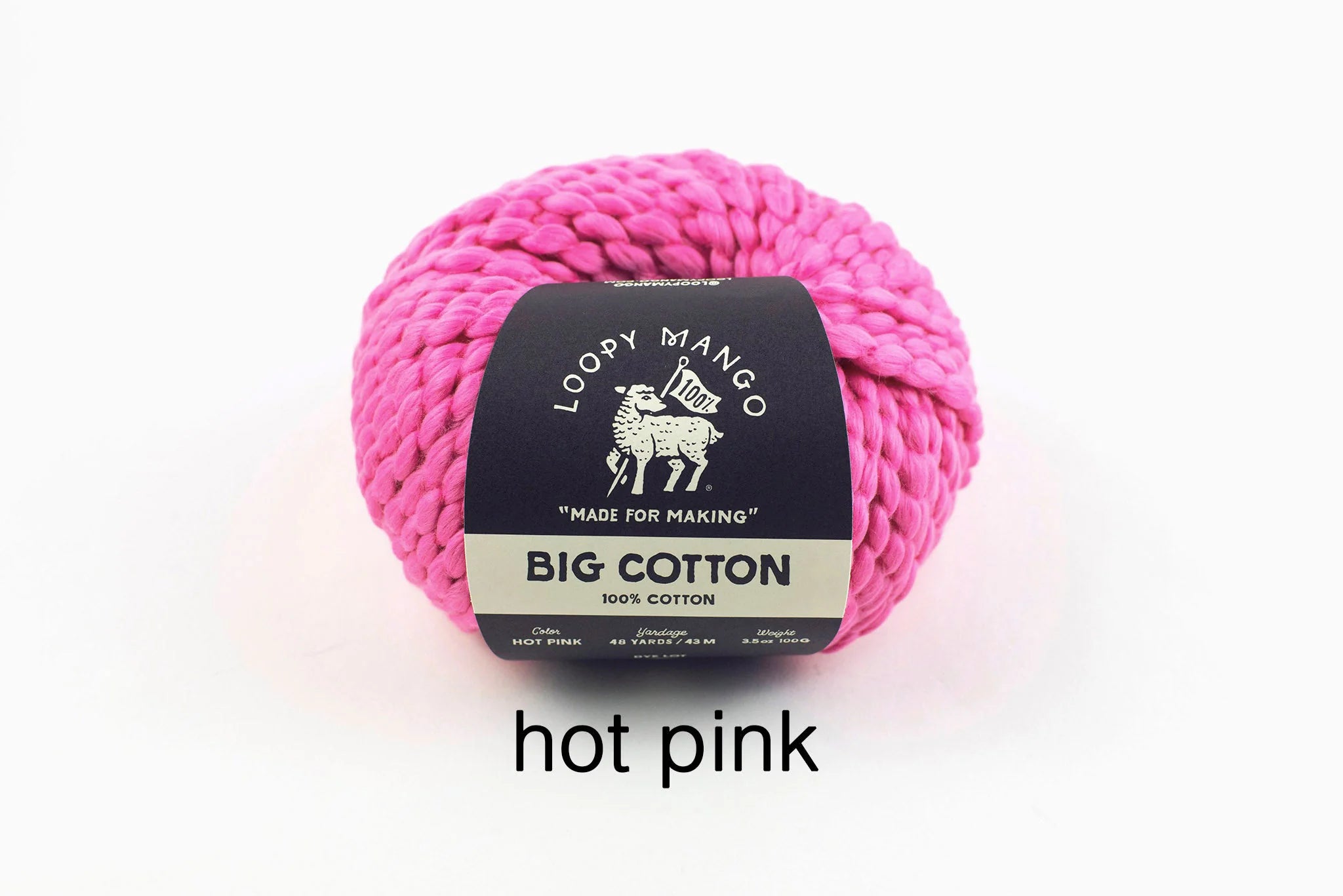 Pink yarn ball with Loopy Mango label on a white background